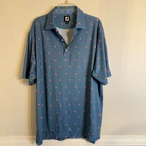 FootJoy Men's Golf Polo Shirt Large Blue Pink Lemonade Cocktail All Over Print